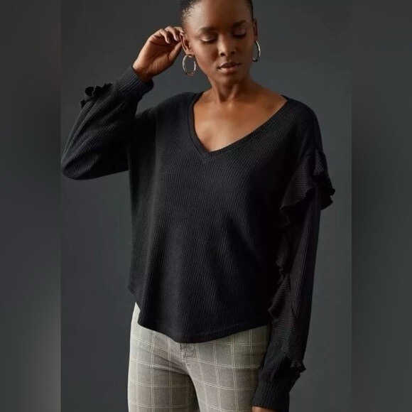 Anthropologie Black V-Neck Sweater with Ruffle Details - Picture 2 of 9